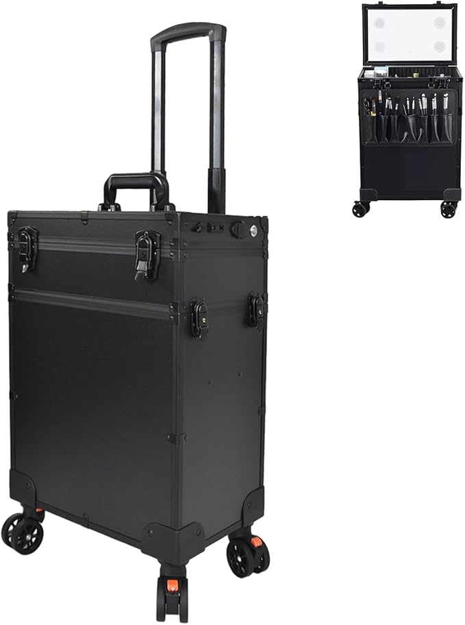 Rolling Makeup Train Case Portable Cosmetic Trolley Rolling Cosmetic Organizer with Rolling Wheels Lights and Mirror,Combination Make-up Case,Aluminium Make Up Case, Black Cosmetic case (Noir)