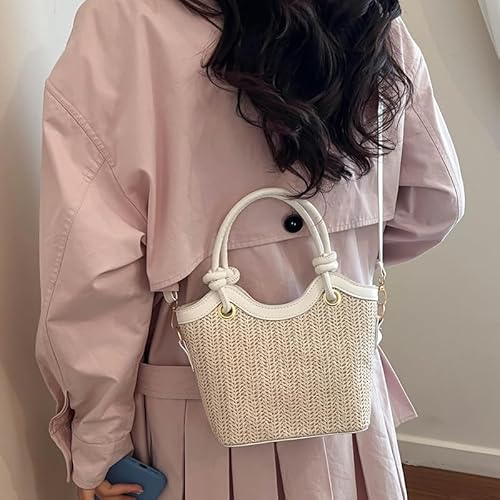 Generic Women Casual Straw Shoulder Bag PU Leather Stylish Crossbody Bags Large Capacity Straw Woven Tote Bag Travel Date Han