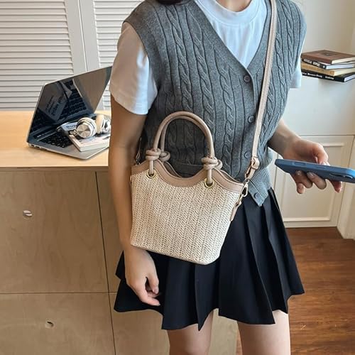 Generic Women Casual Straw Shoulder Bag PU Leather Stylish Crossbody Bags Large Capacity Straw Woven Tote Bag Travel Date Han