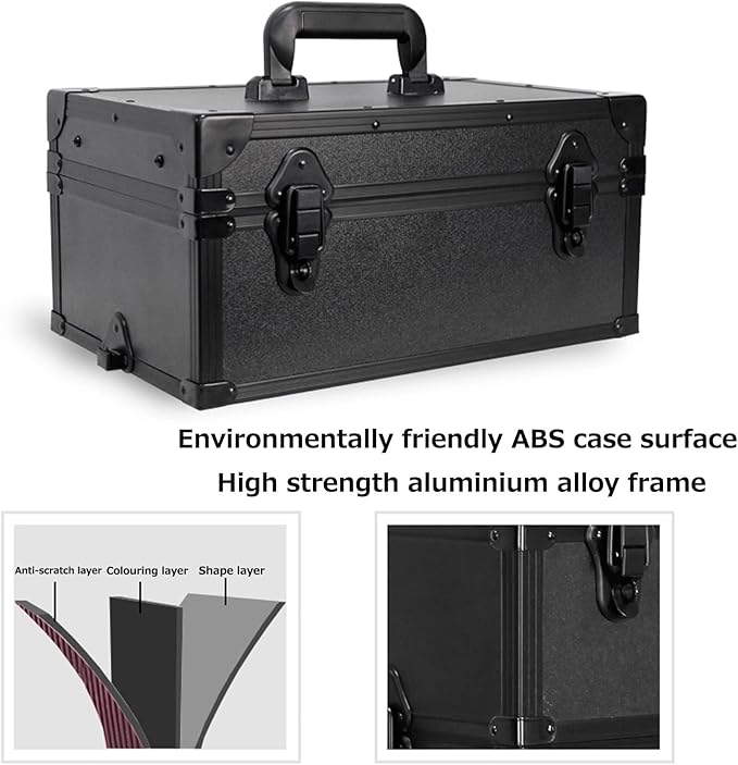Rolling Makeup Train Case Portable Cosmetic Trolley Rolling Cosmetic Organizer with Rolling Wheels Lights and Mirror,Combination Make-up Case,Aluminium Make Up Case, Black Cosmetic case (Noir)