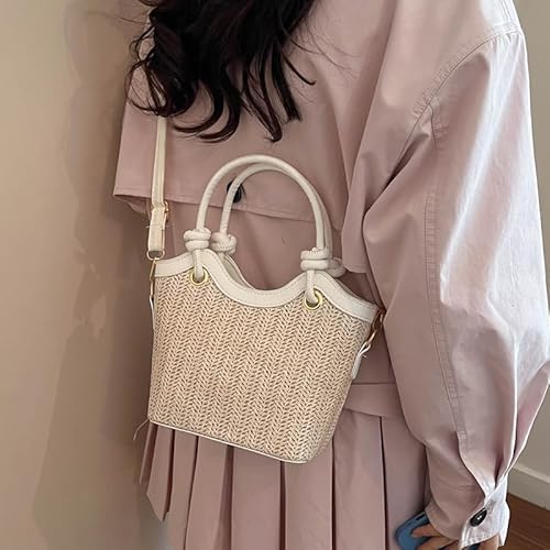 Generic Women Casual Straw Shoulder Bag PU Leather Stylish Crossbody Bags Large Capacity Straw Woven Tote Bag Travel Date Han