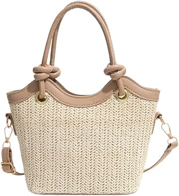 Generic Women Casual Straw Shoulder Bag PU Leather Stylish Crossbody Bags Large Capacity Straw Woven Tote Bag Travel Date Han