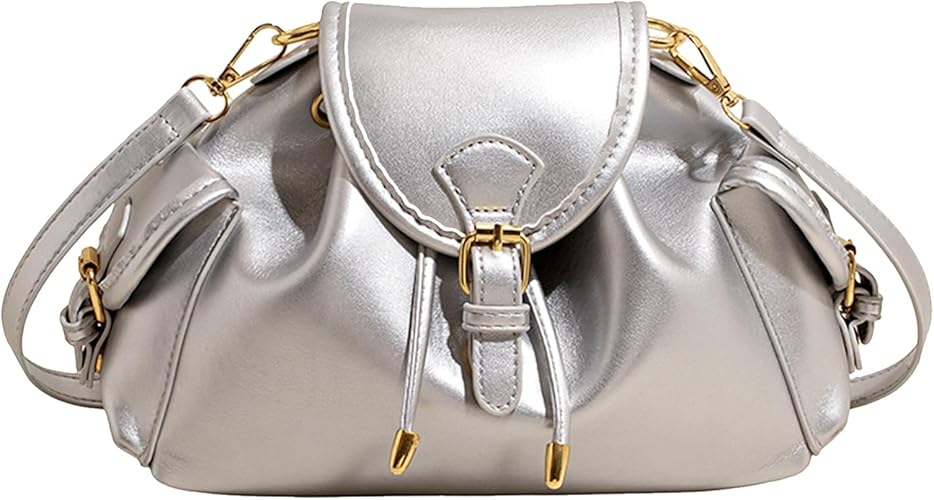 Generic Women PU Leather Drawstring Shoulder Bag Large Capacity Cool Girl Y2K Underarm Bag with Side Pockets Stylish Crossbod