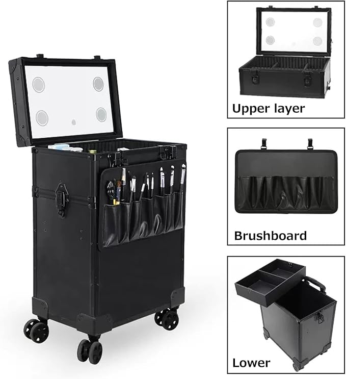 Rolling Makeup Train Case Portable Cosmetic Trolley Rolling Cosmetic Organizer with Rolling Wheels Lights and Mirror,Combination Make-up Case,Aluminium Make Up Case, Black Cosmetic case (Noir)