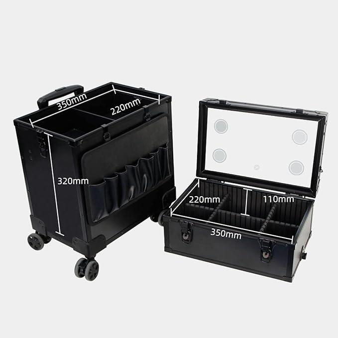 Rolling Makeup Train Case Portable Cosmetic Trolley Rolling Cosmetic Organizer with Rolling Wheels Lights and Mirror,Combination Make-up Case,Aluminium Make Up Case, Black Cosmetic case (Noir)