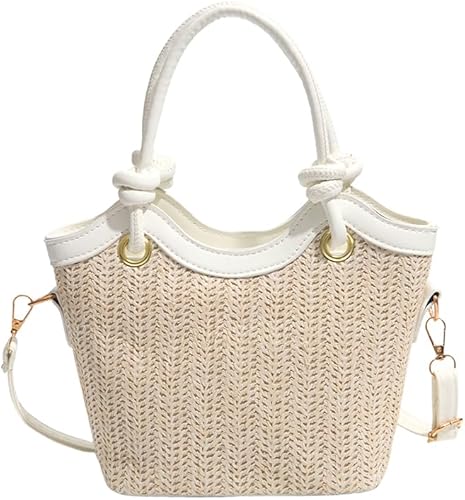 Generic Women Casual Straw Shoulder Bag PU Leather Stylish Crossbody Bags Large Capacity Straw Woven Tote Bag Travel Date Han