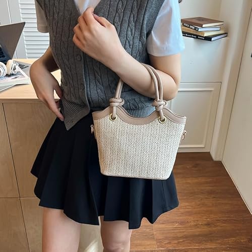 Generic Women Casual Straw Shoulder Bag PU Leather Stylish Crossbody Bags Large Capacity Straw Woven Tote Bag Travel Date Han
