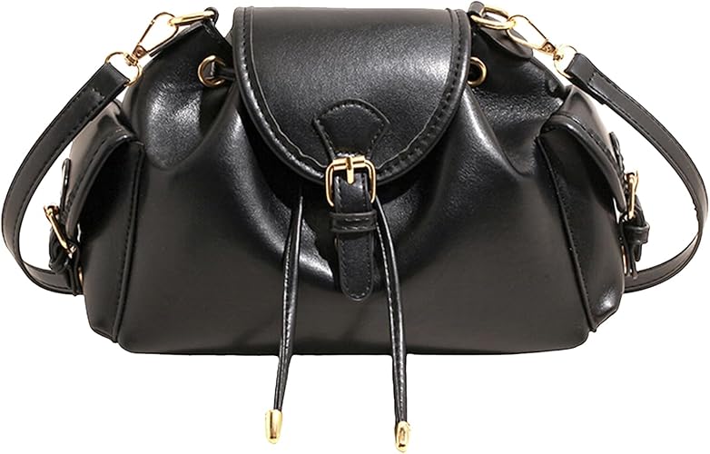 Generic Women PU Leather Drawstring Shoulder Bag Large Capacity Cool Girl Y2K Underarm Bag with Side Pockets Stylish Crossbod