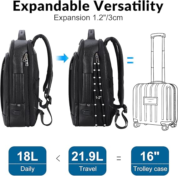 TIDING Men's Leather Expandable Backpack fits 15.6 Inch Laptop, TSA Friendly Business Travel Rucksack Slim Work Casual Daypack