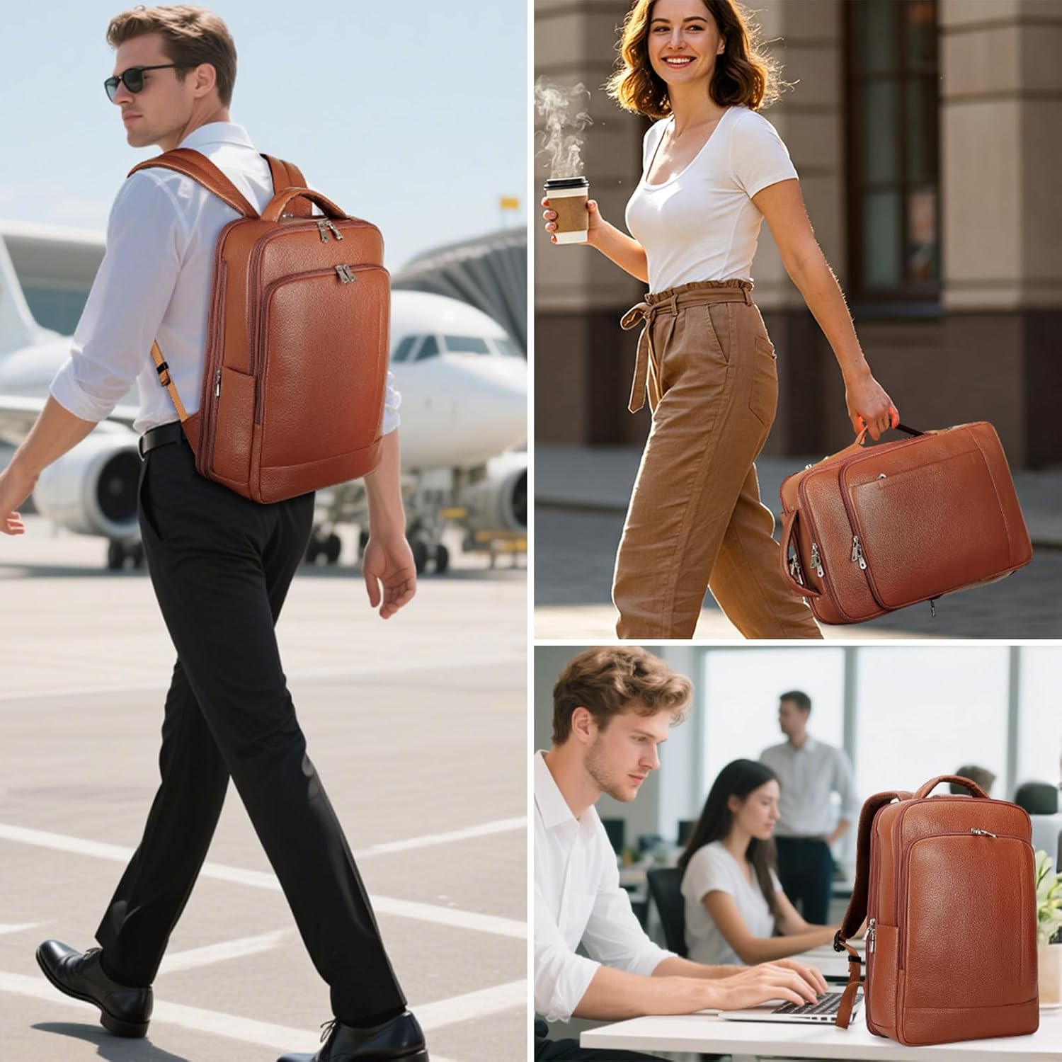 TIDING Men's Leather Expandable Backpack fits 15.6 Inch Laptop, TSA Friendly Business Travel Rucksack Slim Work Casual Daypack