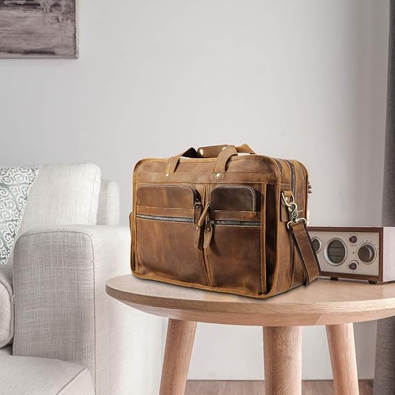 Polare 18.5” Full Grain Leather Laptop Briefcase Messenger Work Bag Overnight Bag For Men Large Fits 17.3” Laptop