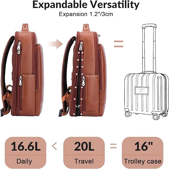 TIDING Men's Leather Expandable Backpack fits 15.6 Inch Laptop, TSA Friendly Business Travel Rucksack Slim Work Casual Daypack