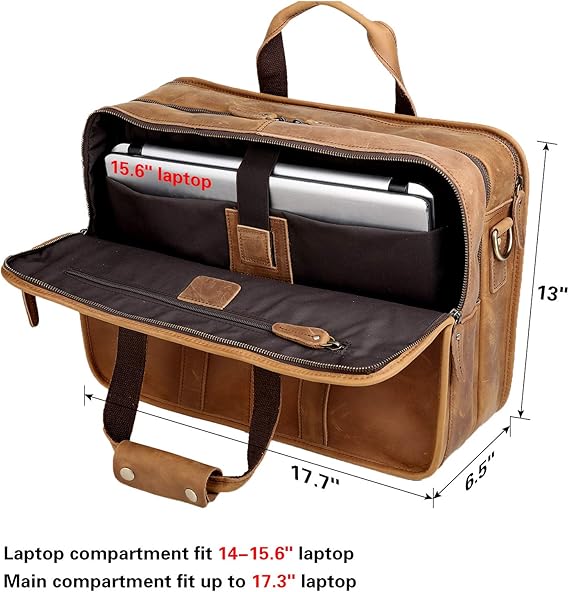 Polare 18.5” Full Grain Leather Laptop Briefcase Messenger Work Bag Overnight Bag For Men Large Fits 17.3” Laptop
