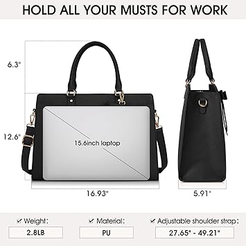Laptop Bags for Women 15.6 inch Laptop Tote Bag PU Leather Large Work Tote Bag Waterproof Professional Business Office Work Bag Laptop Briefcase Women Travel Handbag Shoulder Bag, Black