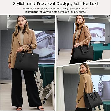 Laptop Bags for Women 15.6 inch Laptop Tote Bag PU Leather Large Work Tote Bag Waterproof Professional Business Office Work Bag Laptop Briefcase Women Travel Handbag Shoulder Bag, Black