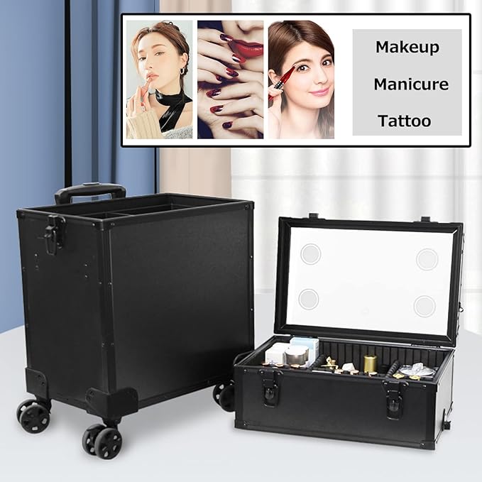 Rolling Makeup Train Case Portable Cosmetic Trolley Rolling Cosmetic Organizer with Rolling Wheels Lights and Mirror,Combination Make-up Case,Aluminium Make Up Case, Black Cosmetic case (Noir)