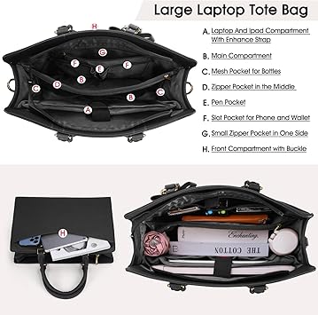 Laptop Bags for Women 15.6 inch Laptop Tote Bag PU Leather Large Work Tote Bag Waterproof Professional Business Office Work Bag Laptop Briefcase Women Travel Handbag Shoulder Bag, Black