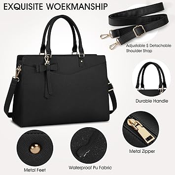 Laptop Bags for Women 15.6 inch Laptop Tote Bag PU Leather Large Work Tote Bag Waterproof Professional Business Office Work Bag Laptop Briefcase Women Travel Handbag Shoulder Bag, Black