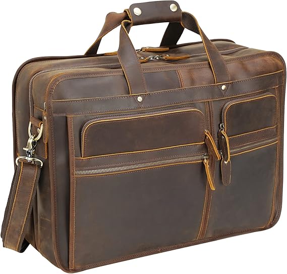 Polare 18.5” Full Grain Leather Laptop Briefcase Messenger Work Bag Overnight Bag For Men Large Fits 17.3” Laptop