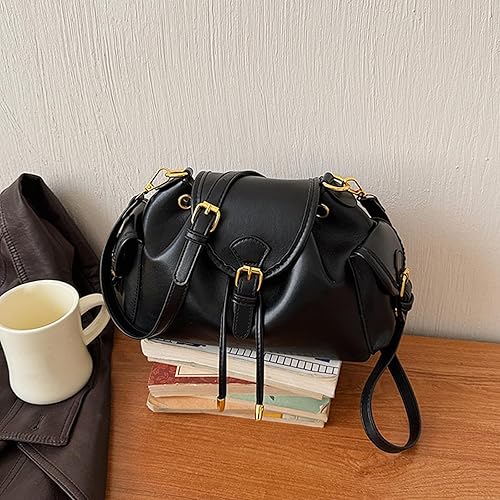 Generic Women PU Leather Drawstring Shoulder Bag Large Capacity Cool Girl Y2K Underarm Bag with Side Pockets Stylish Crossbod