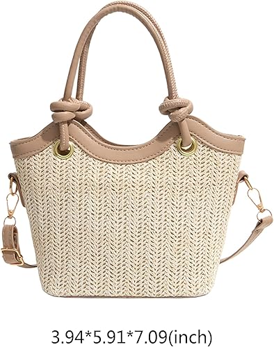 Generic Women Casual Straw Shoulder Bag PU Leather Stylish Crossbody Bags Large Capacity Straw Woven Tote Bag Travel Date Han