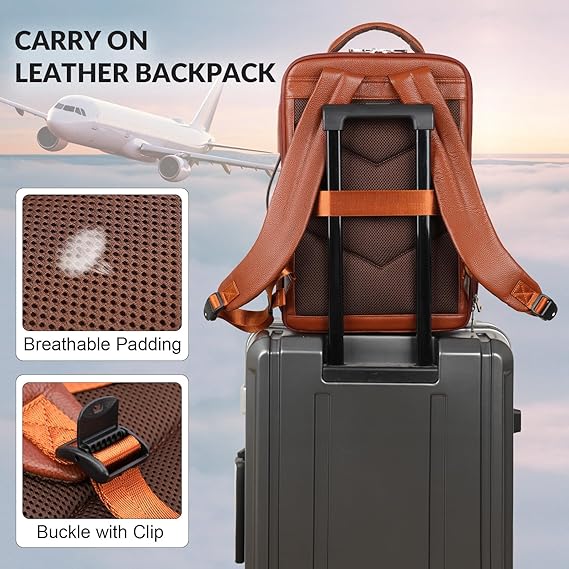 TIDING Men's Leather Expandable Backpack fits 15.6 Inch Laptop, TSA Friendly Business Travel Rucksack Slim Work Casual Daypack