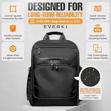 EVERKI Onyx Premium Business Executive Laptop Backpack, Ballistic Nylon and Leather, Travel Friendly, Black