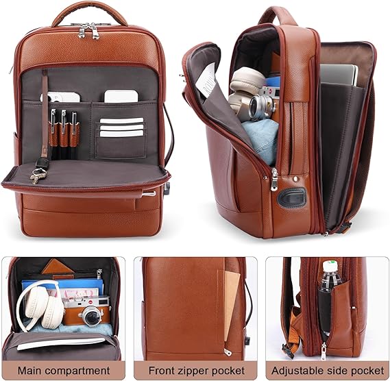 TIDING Men's Leather Expandable Backpack fits 15.6 Inch Laptop, TSA Friendly Business Travel Rucksack Slim Work Casual Daypack