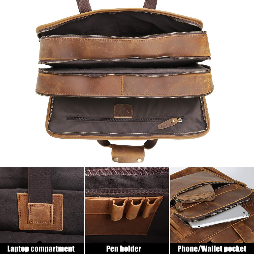 Polare 18.5” Full Grain Leather Laptop Briefcase Messenger Work Bag Overnight Bag For Men Large Fits 17.3” Laptop