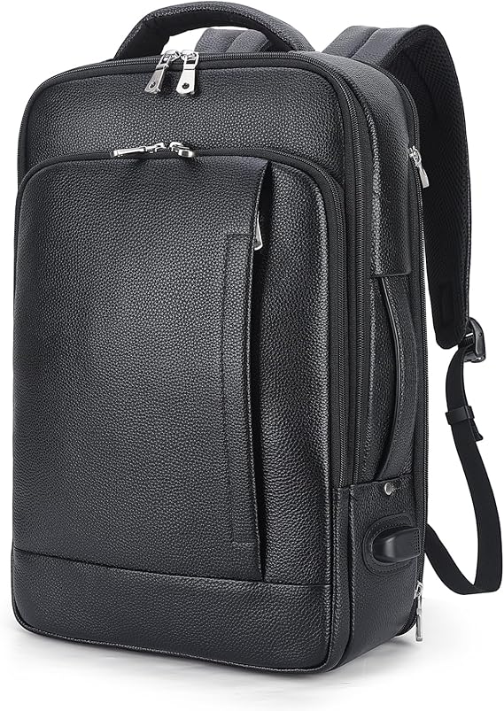 TIDING Men's Leather Expandable Backpack fits 15.6 Inch Laptop, TSA Friendly Business Travel Rucksack Slim Work Casual Daypack