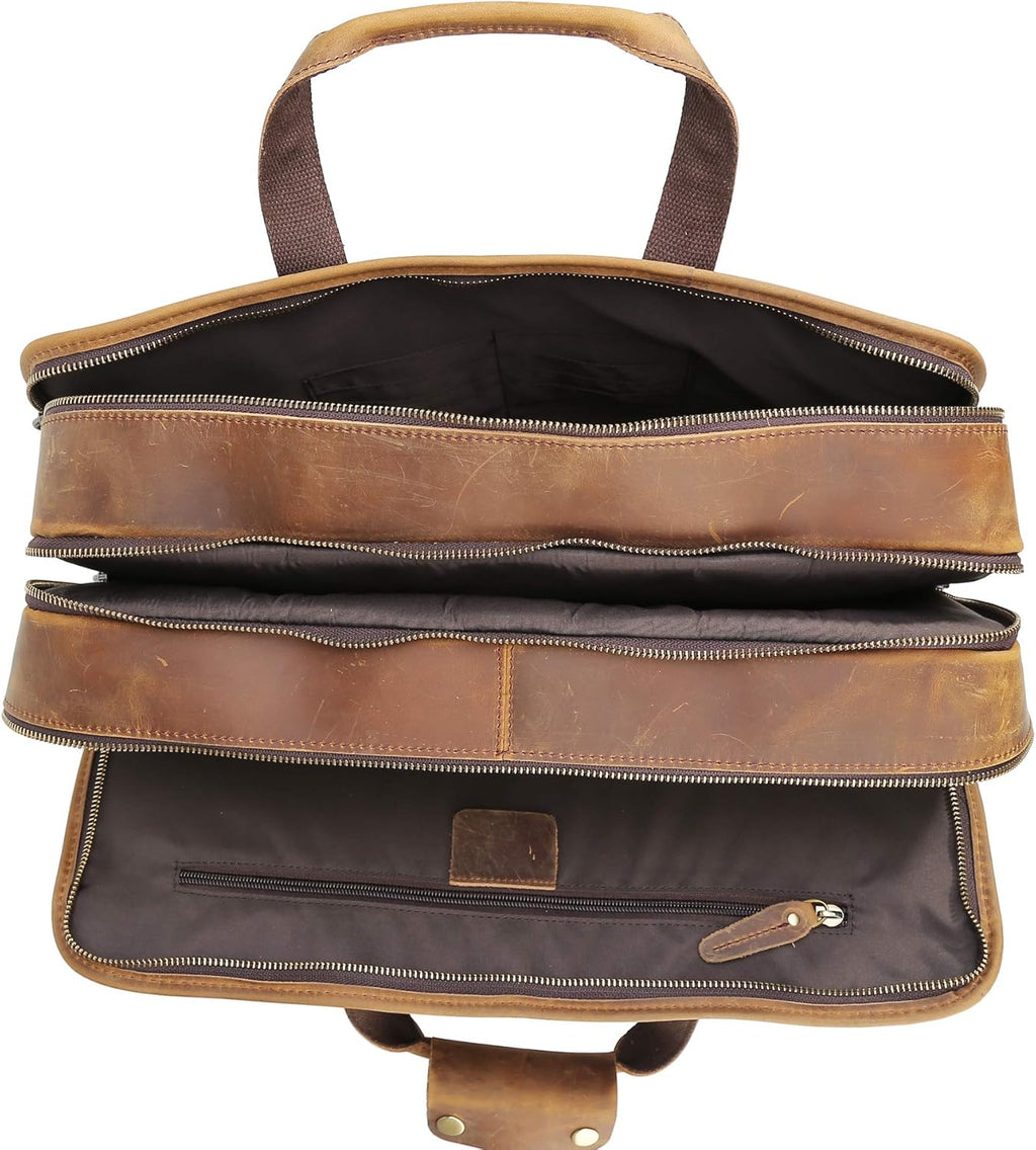 Polare 18.5” Full Grain Leather Laptop Briefcase Messenger Work Bag Overnight Bag For Men Large Fits 17.3” Laptop