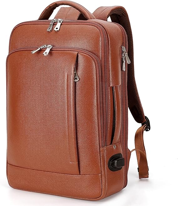 TIDING Men's Leather Expandable Backpack fits 15.6 Inch Laptop, TSA Friendly Business Travel Rucksack Slim Work Casual Daypack