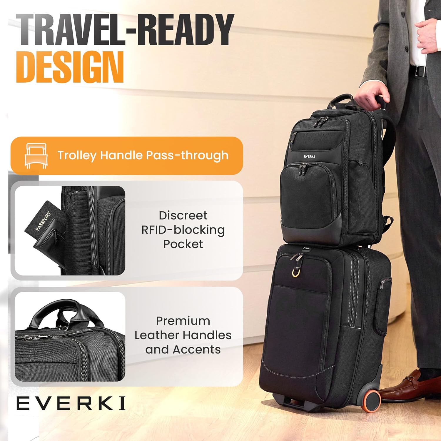 EVERKI Onyx Premium Business Executive Laptop Backpack, Ballistic Nylon and Leather, Travel Friendly, Black