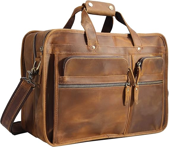 Polare 18.5” Full Grain Leather Laptop Briefcase Messenger Work Bag Overnight Bag For Men Large Fits 17.3” Laptop