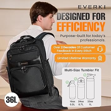 EVERKI Onyx Premium Business Executive Laptop Backpack, Ballistic Nylon and Leather, Travel Friendly, Black